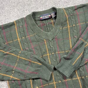 New River J Sweater Mens L Riggins Green Cable Knit V-Neck Plaid Ramie Cotton